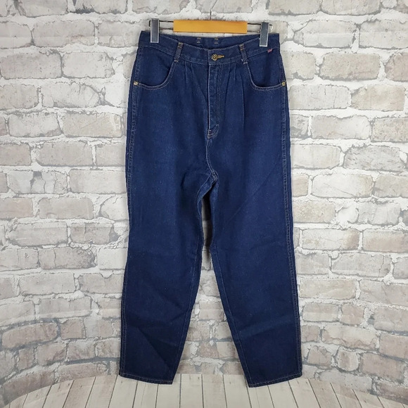 Vintage 80s Ribcage High Waist Jeans Pleated Waist  Taper Leg Cotton Size 12 - Picture 1 of 13